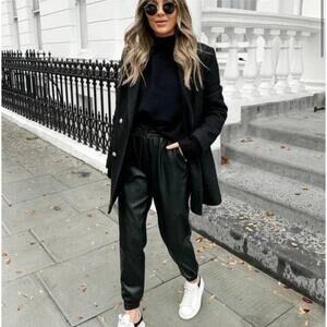 Zara Faux Leather Slouchy Jogger Pants Black Blogger Fave Elastic Waist Size S